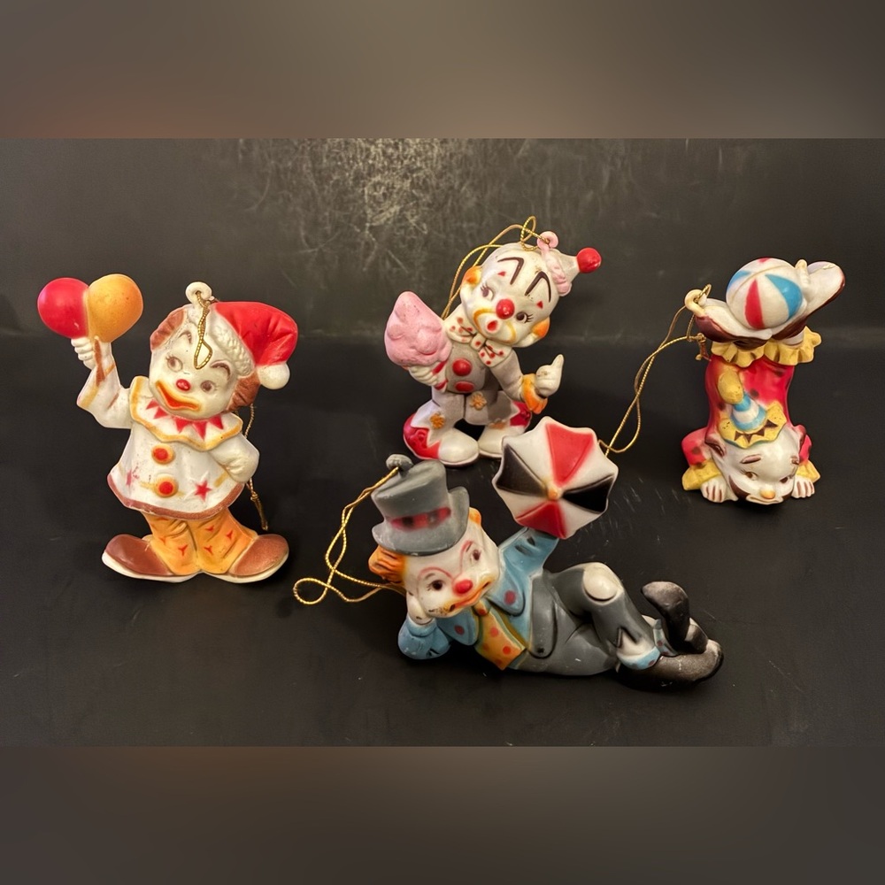 Vintage Colorful Clown Ornaments Set Of 4